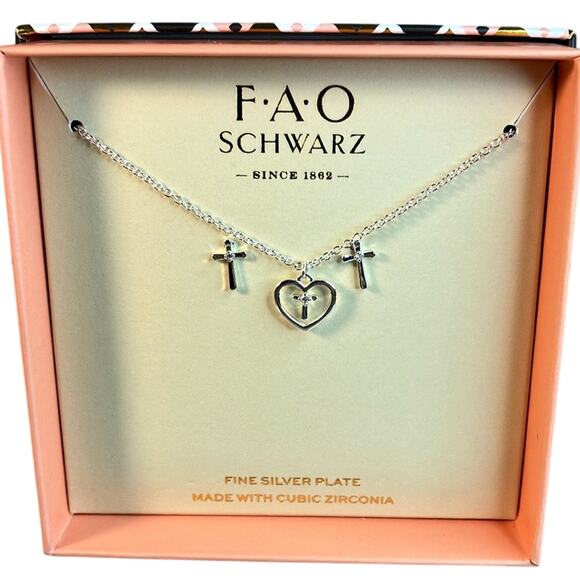FAO Schwarz Open Heart Cross Pendant & Cross Earring Set in Fine Silver Plating - Picture 2 of 6